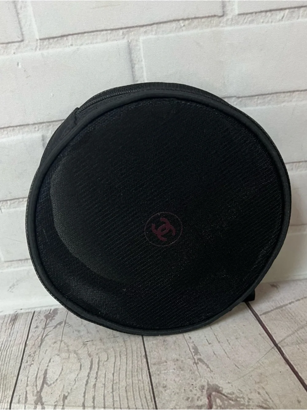 CHANEL Black Round Mesh Cosmetic Zip Bag.